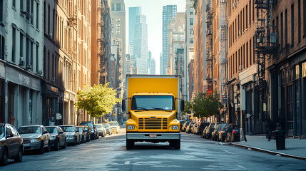 Fototapeta premium A yellow truck driving down a street in the city