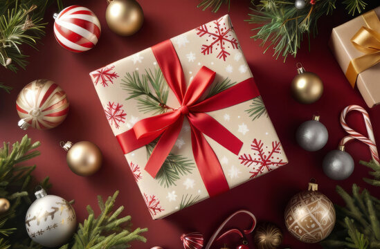 Beautifully Wrapped Christmas Gift Box with Red Ribbon and Festive Ornaments.