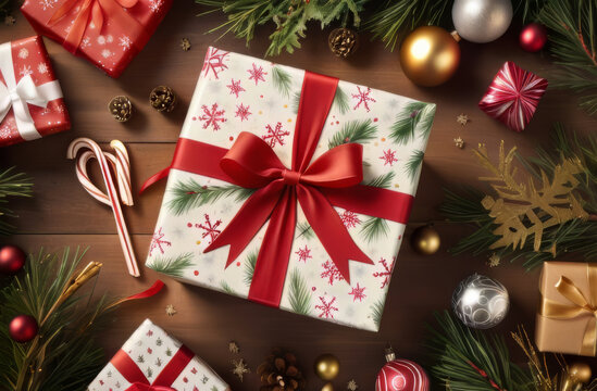 Beautifully Wrapped Christmas Gift Box with Red Ribbon and Festive Ornaments.