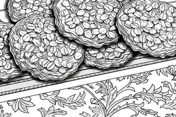 Coloring book illustration of delicious oat cookies on a decorative surface