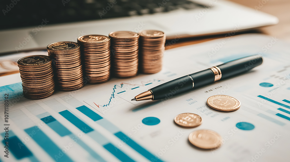 Poster a pen is writing on a financial chart, with coins stacked next to it and stock charts in blue tones 