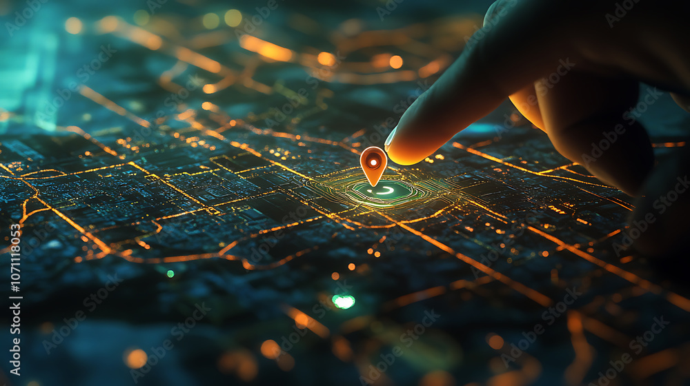 Aufkleber a digital hand places two pins on a map, highlighting ai technology in gps, innovation delivery, map