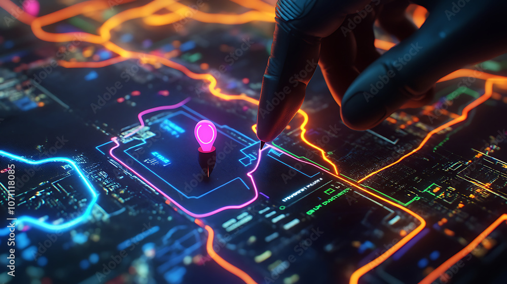 Poster a digital hand places two pins on a map, highlighting ai technology in gps, innovation delivery, map