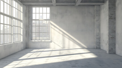 Fototapeta premium An empty unfinished white room with a large window