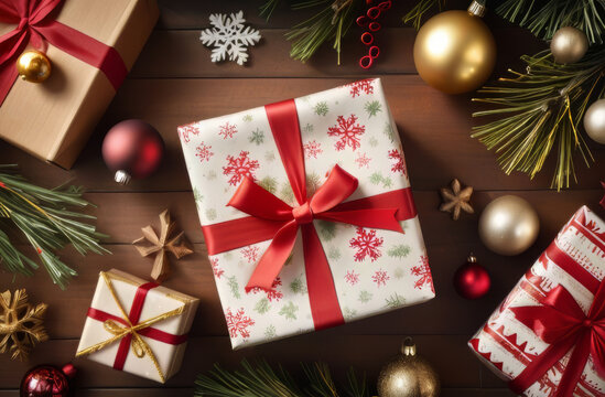 Beautifully Wrapped Christmas Gift Box with Red Ribbon and Festive Ornaments.