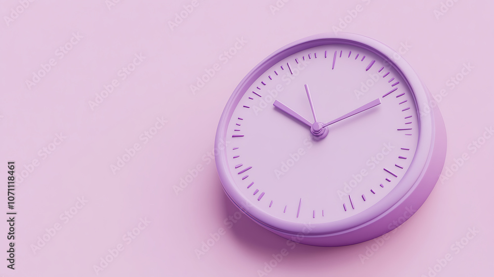 Poster analog timekeeping with a purple clock icon the three-of the clock pointer is floating on a solitary