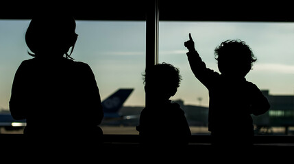 Airport Silhouette: A family silhouette at the airport, with a young child pointing at airplanes through a window, showcasing the thrill of travel.Generated with AI 
