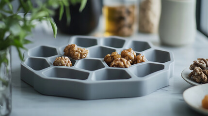 A grey silicone baking mold with honeycomb-shaped hexagonal compartments, perfect for making unique individual desserts and cakes