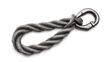 Fototapeta premium A heavy industrial giant metal rope sling wire secured on a lock loop hook, isolated on a white background