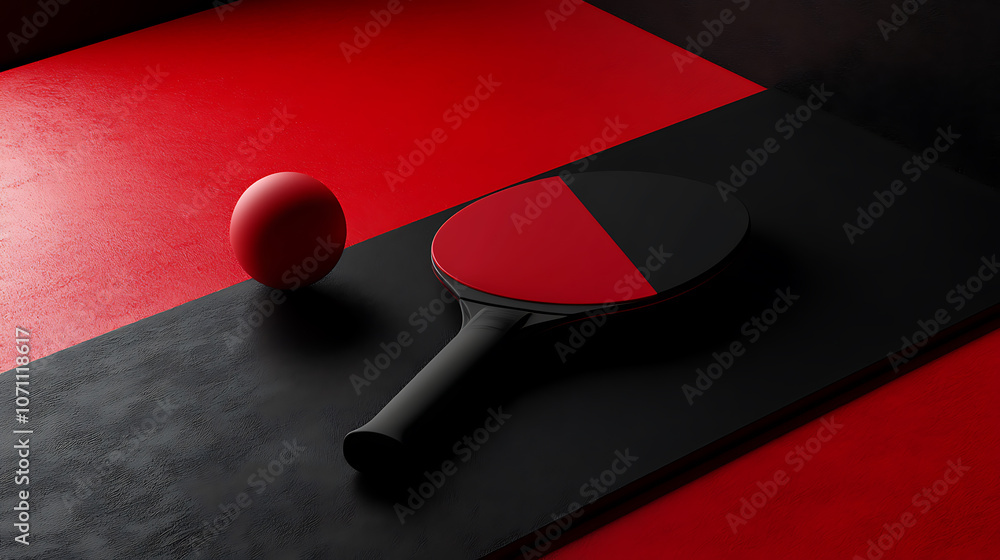 Poster A mockup of a black and red table tennis racket with a ball, shown in a no-gravity setting, ideal for a ping-pong game template