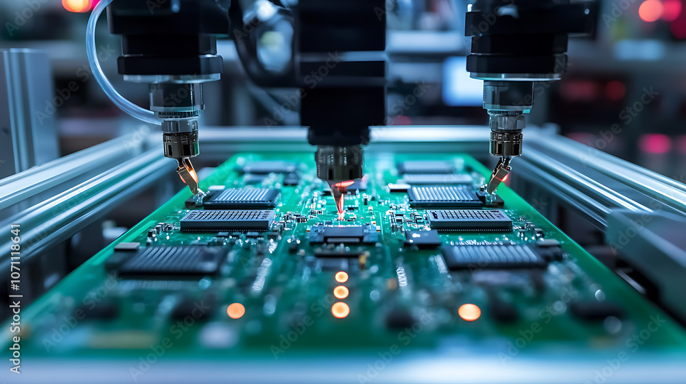 Poster automated machine assembling components on a moving circuit board