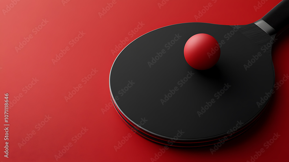 Poster A mockup of a black and red table tennis racket with a ball, shown in a no-gravity setting, ideal for a ping-pong game template
