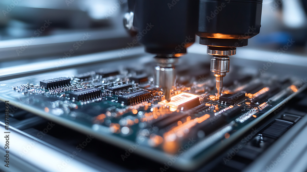 Poster automated machine assembling components on a moving circuit board