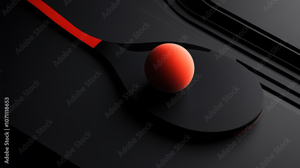 Poster A mockup of a black and red table tennis racket with a ball, shown in a no-gravity setting, ideal for a ping-pong game template