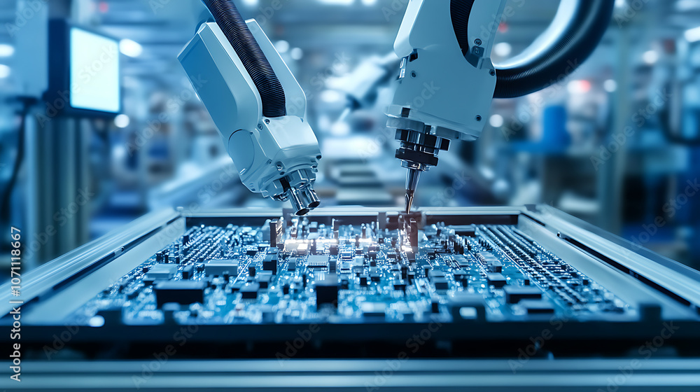 Poster Automated machine assembling components on a moving circuit board