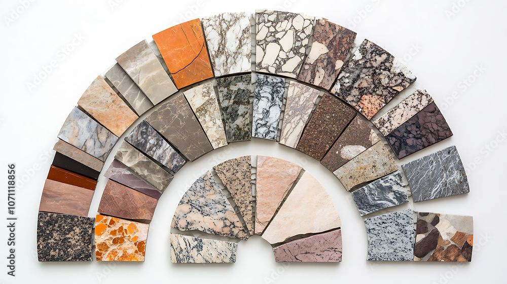 Poster A variety of stone and tile samples in different colors and textures arranged in a semi-circle, showcasing options for floor design