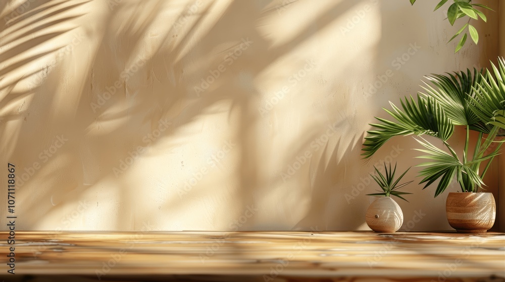 Poster minimalist wooden table with palm leaf shadows on beige background for product display