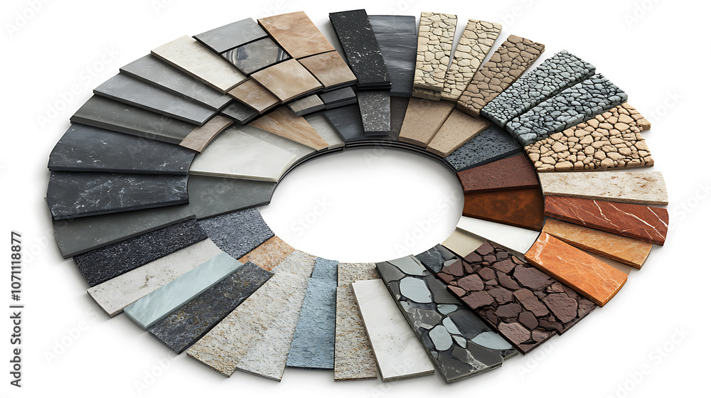 Poster A variety of stone and tile samples in different colors and textures arranged in a semi-circle, showcasing options for floor design