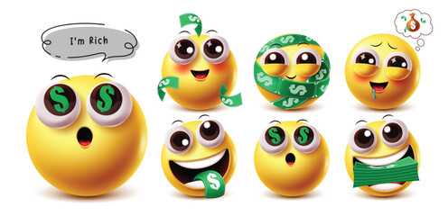 Rich emoji emoticon vector character set. Emojis wealthy, prosperous, lavish, overflowing, money obsessed facial expressions dollar design elements in white background. Vector illustration rich emoji 