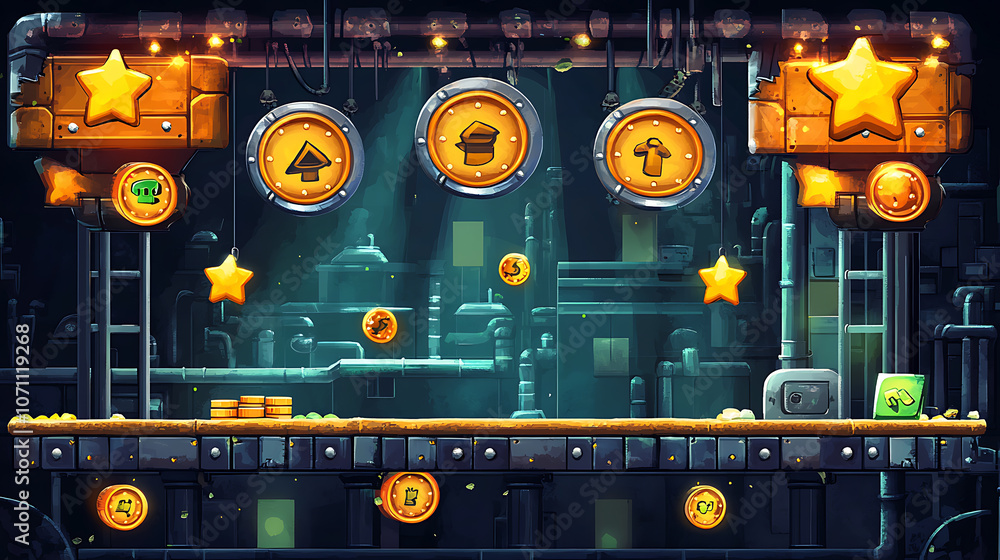 Poster a retro arcade game level map interface with underground factory elements, featuring traps, steel pl
