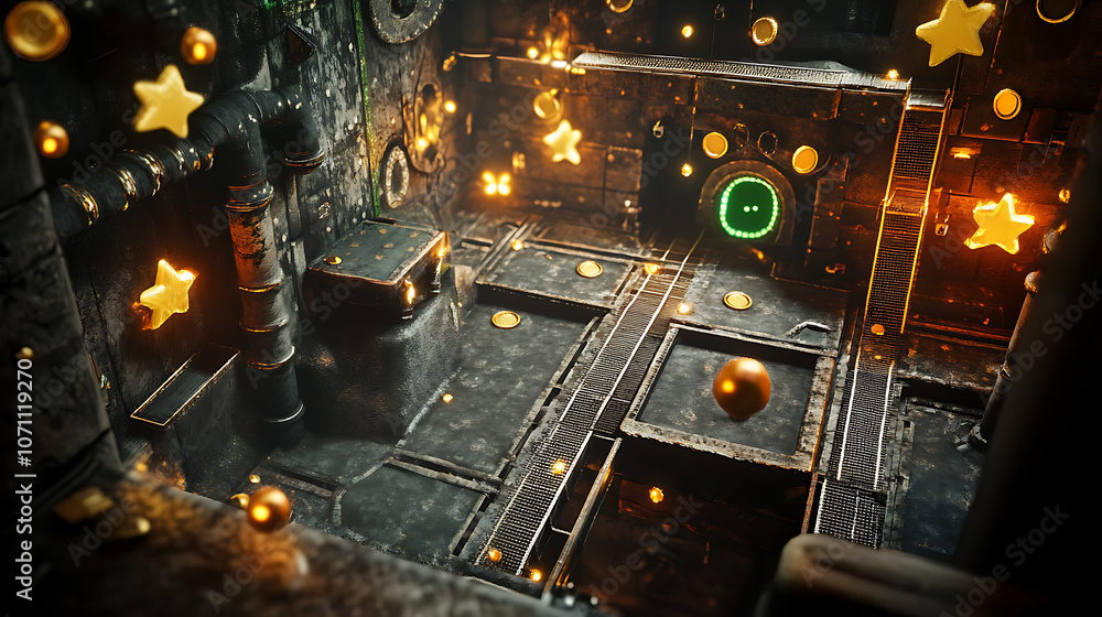 Poster a retro arcade game level map interface with underground factory elements, featuring traps, steel pl