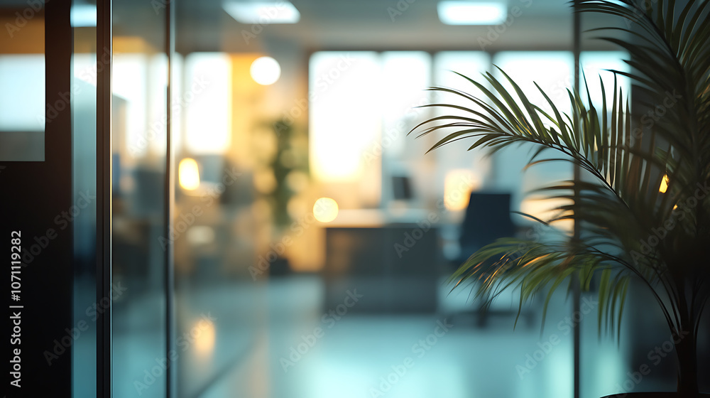 Poster blurred empty open space office, abstract light bokeh at office interior background