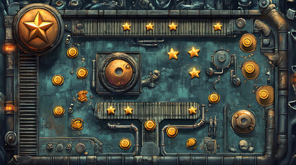 A retro arcade game level map interface with underground factory elements, featuring traps, steel platforms, coins, and golden stars, designed for a console or computer game