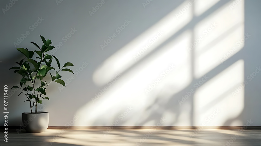 Poster Blurred overlay effect for photo and mockups, Wall texture with organic drop diagonal shadow and rays of light on a white wall, shadows for natural light effects