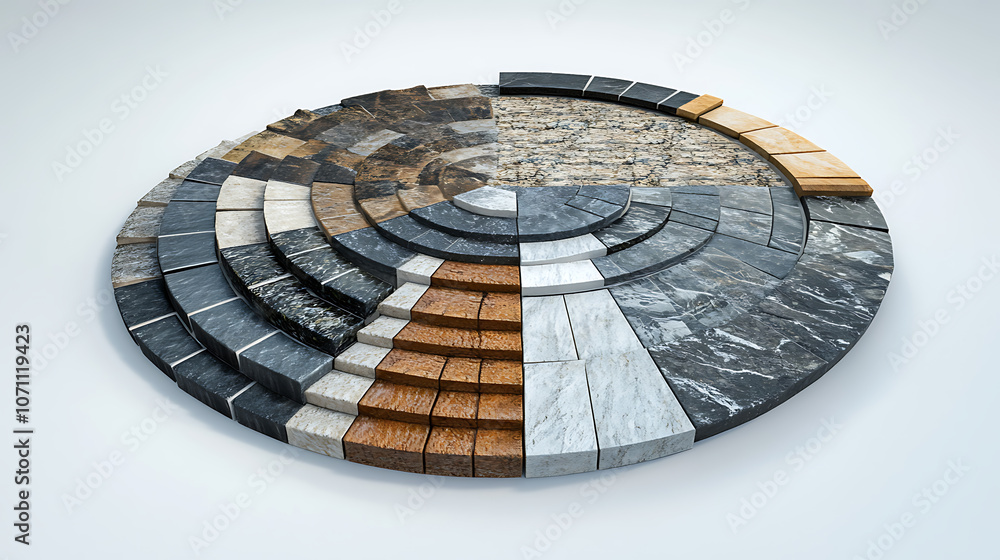 Poster A variety of stone and tile samples in different colors and textures arranged in a semi-circle, showcasing options for floor design