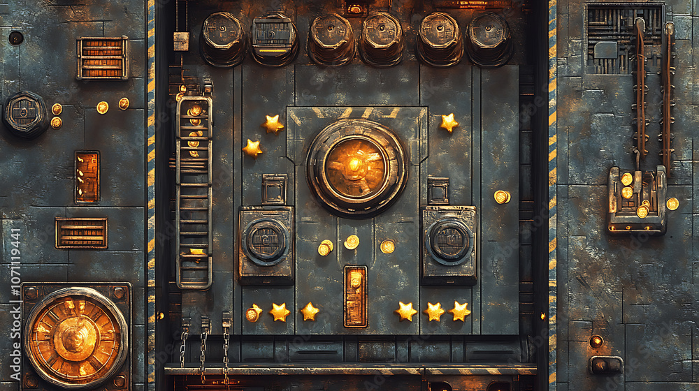 Poster A retro arcade game level map interface with underground factory elements, featuring traps, steel platforms, coins, and golden stars, designed for a console or computer game