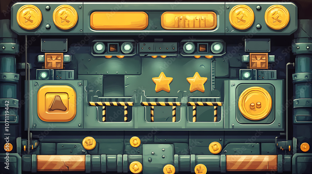 Leinwandbilder A retro arcade game level map interface with underground factory elements, featuring traps, steel platforms, coins, and golden stars, designed for a console or computer game