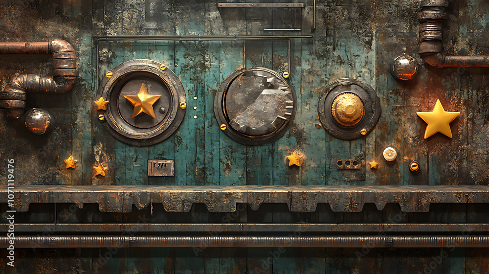 Poster A retro arcade game level map interface with underground factory elements, featuring traps, steel platforms, coins, and golden stars, designed for a console or computer game