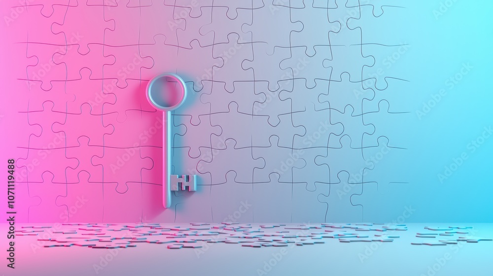 Poster an abstract composition featuring a glowing key and a puzzle piece merging together, symbolizing the