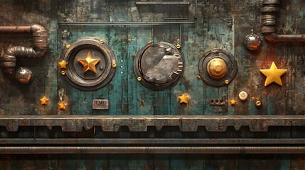 A retro arcade game level map interface with underground factory elements, featuring traps, steel platforms, coins, and golden stars, designed for a console or computer game