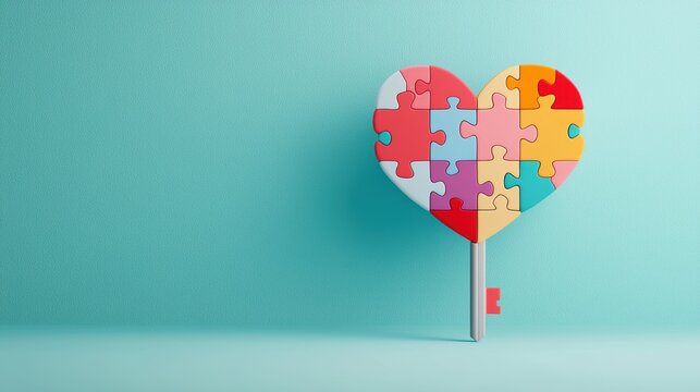 A colorful illustration of a key unlocking a heart shaped puzzle piece, symbolizing the complexities of relationships, finding love, and unlocking emotional connection.