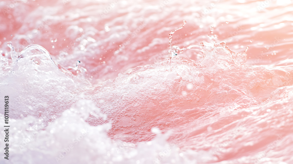 Poster closeup of pink transparent clear calm water surface texture with splashes and bubbles, trendy abstr