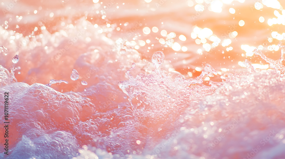 Poster closeup of pink transparent clear calm water surface texture with splashes and bubbles, trendy abstr