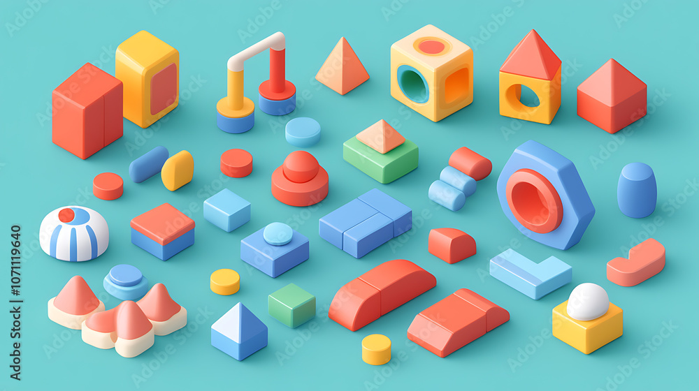 Poster a set of simple geometric shapes designed as blocks for children's play, presented as 3d cartoon ite