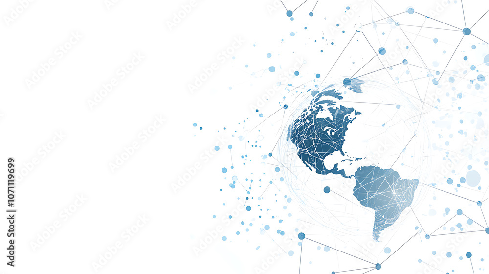 Poster abstract digital technology background with a globe and network connections, in a white and blue col