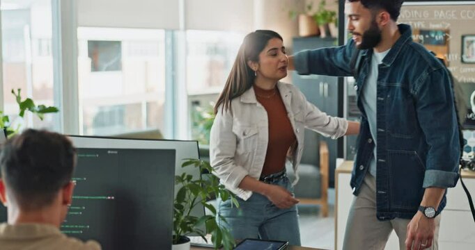 Programmer, business people hug and friends fist bump to leave office, goodbye and emoji in creative startup. Group, team coding and software developers embrace, hand gesture or farewell in ai agency