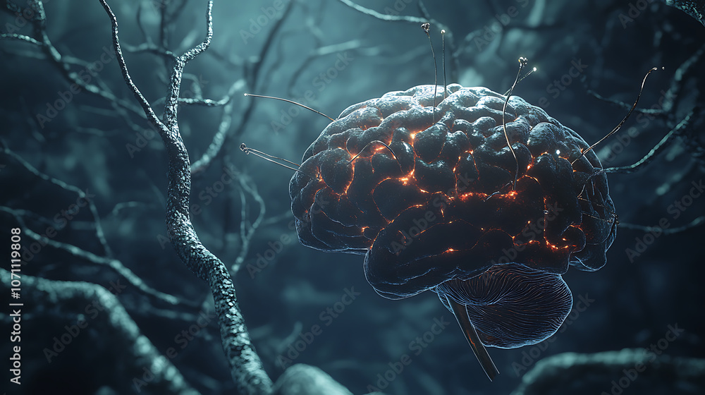 Poster A side view 3D rendering of a brain highlighting concepts of degenerative diseases such as Parkinson's, Alzheimer's, synapses, and neurons