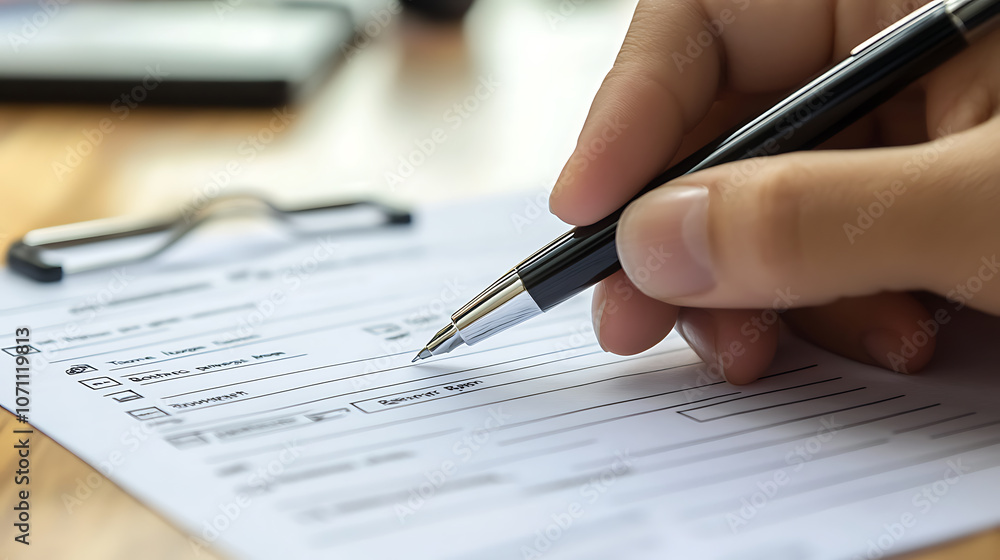 Poster close-up of accident report form with pen and hand ready to write