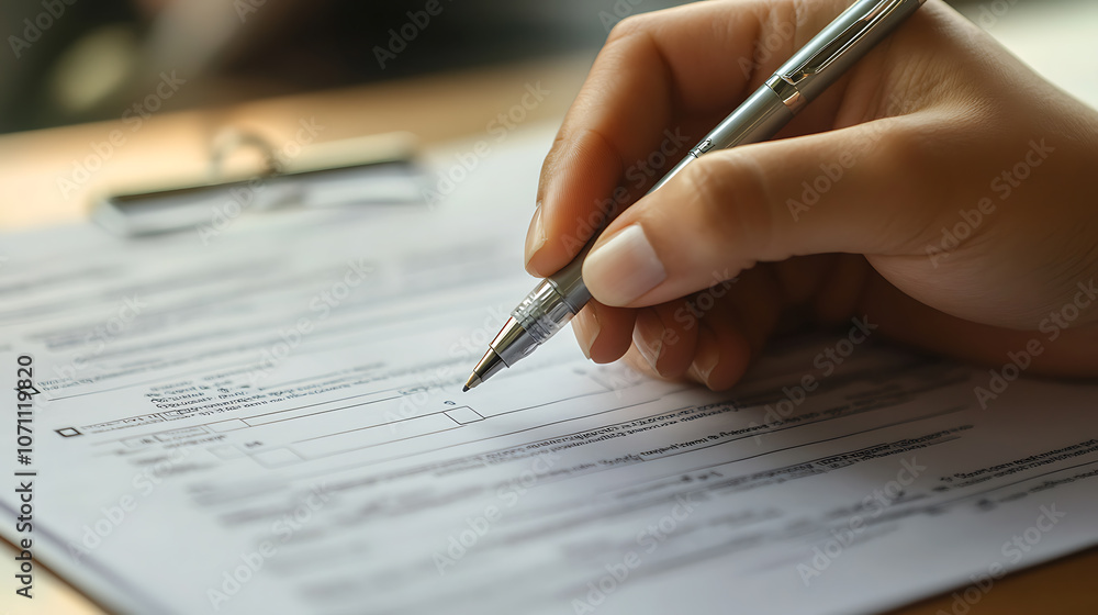 Poster close-up of accident report form with pen and hand ready to write