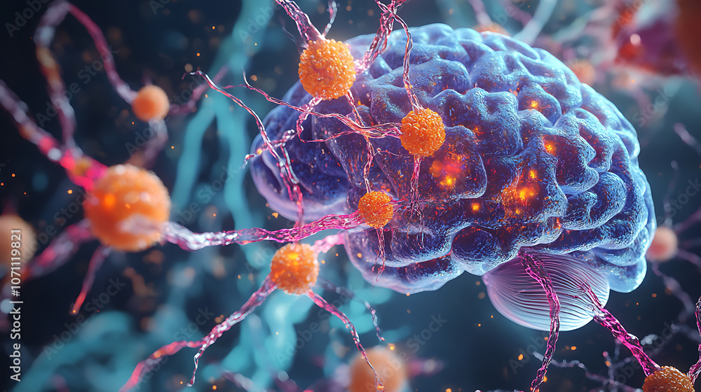 Poster a side view 3d rendering of a brain highlighting concepts of degenerative diseases such as parkinson