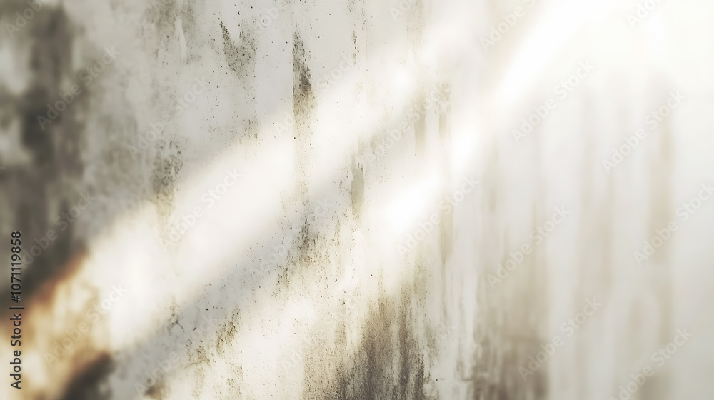 Poster Blurred overlay effect for photo and mockups, Wall texture with organic drop diagonal shadow and rays of light on a white wall, shadows for natural light effects