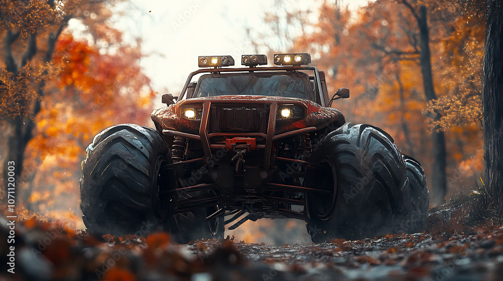 Aufkleber close-up of an off-road adventure, featuring the front view of a rugged all-terrain vehicle with lar
