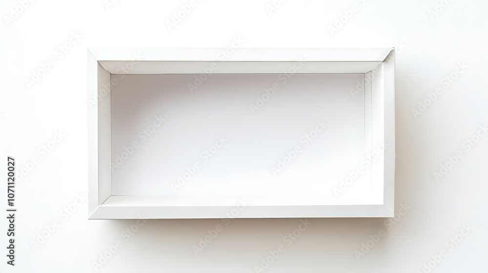 Poster a top view of an empty white paper box with a transparent window, isolated on a white background
