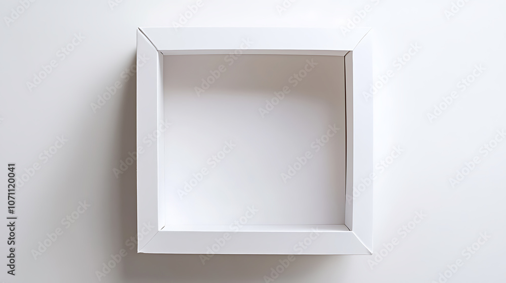 Poster a top view of an empty white paper box with a transparent window, isolated on a white background