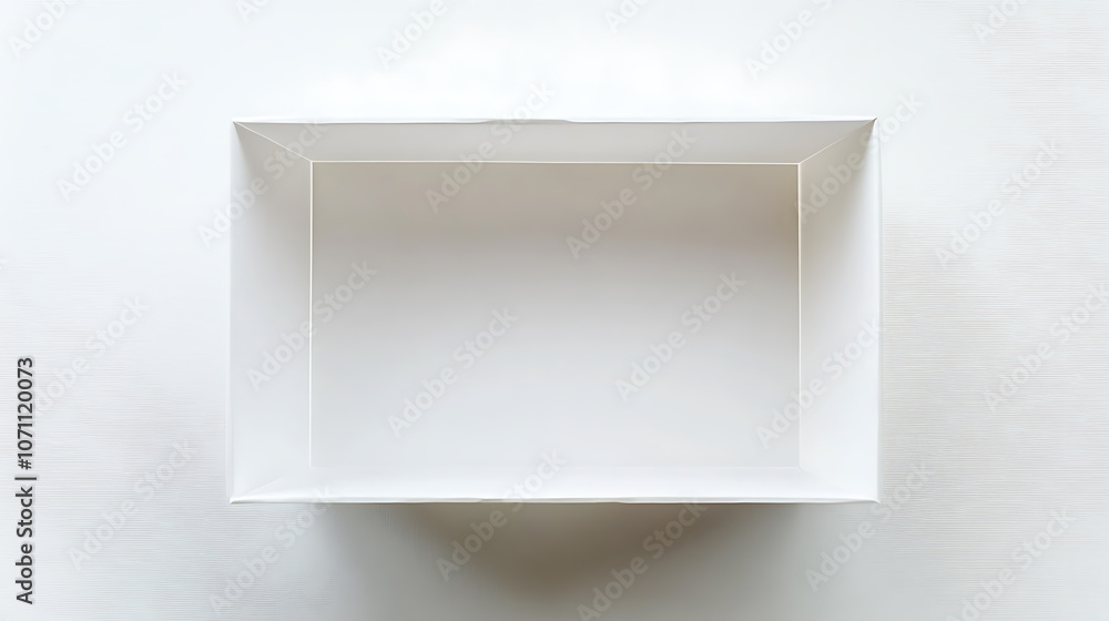 Poster a top view of an empty white paper box with a transparent window, isolated on a white background