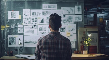 Person Analyzing Project Plans in Organized Workspace